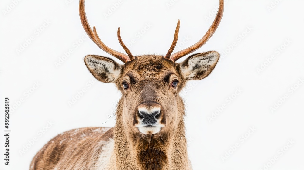 Close-Up Portrait of a Majestic Reindeer with Antlers on a White Background Close-Up Portrait of a Majestic Reindeer with Antlers on a White Background
