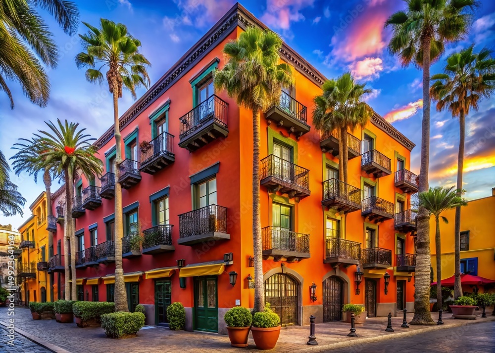 Fototapeta premium Charming hotel exterior in Las Palmas, Hollywood with beautiful architecture and vibrant surroundings