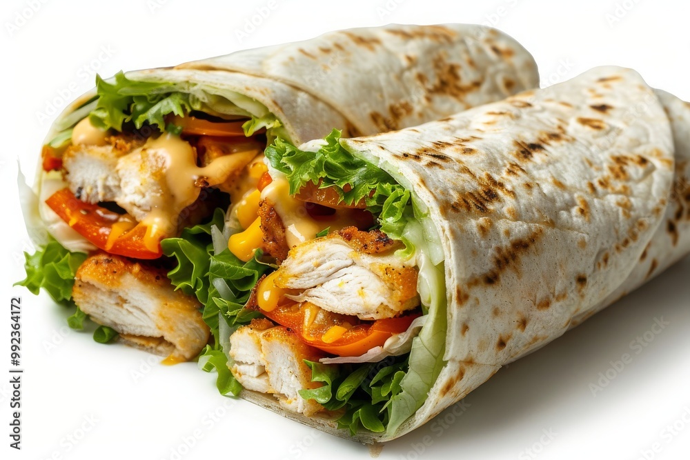 Crispy chicken wrap with lettuce, melted Mozzarella, yellow or honey sauce, tortilla wrap with chicken and vegetables isolated on white Crispy chicken wrap with lettuce, melted Mozzarella, yellow or honey sauce, tortilla wrap with chicken and vegetables isolated on white