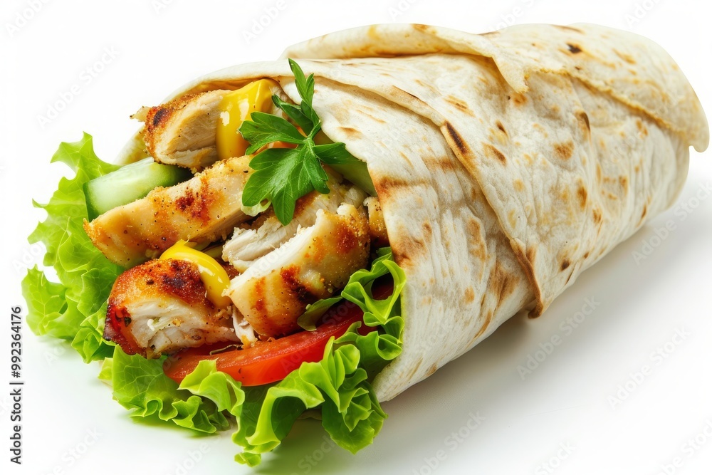 Crispy chicken wrap with lettuce, melted Mozzarella, yellow or honey sauce, tortilla wrap with chicken and vegetables isolated on white Crispy chicken wrap with lettuce, melted Mozzarella, yellow or honey sauce, tortilla wrap with chicken and vegetables isolated on white
