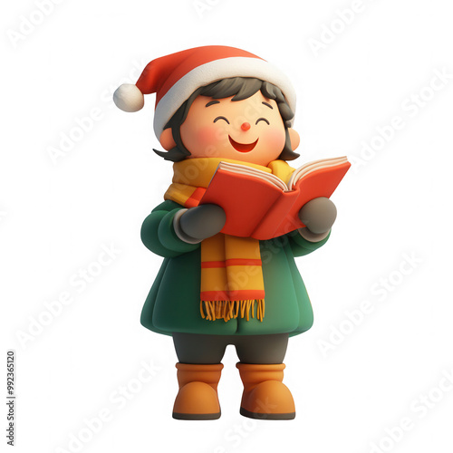 A cartoon girl is reading a book while wearing a red hat and a green scarf