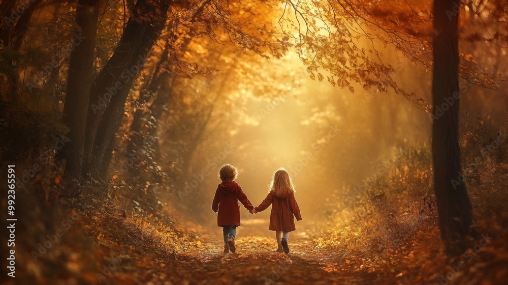 Fototapeta premium Two Children Walking Through an Autumn Forest Path