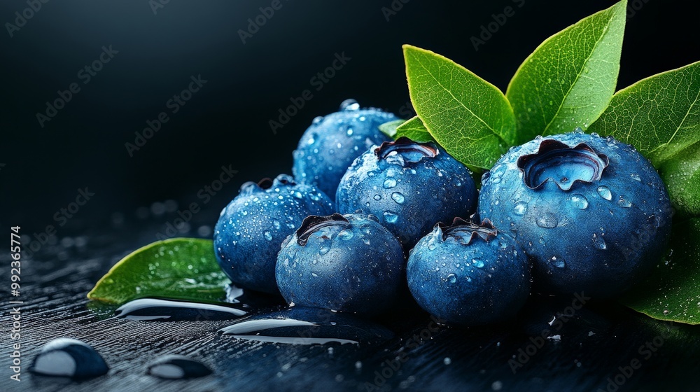 Fresh & Dewy Blueberries: A cluster of plump, juicy blueberries glistens with fresh dew, their vibrant blue hues captivating against a dark backdrop. Fresh & Dewy Blueberries: A cluster of plump, juicy blueberries glistens with fresh dew, their vibrant blue hues captivating against a dark backdrop.