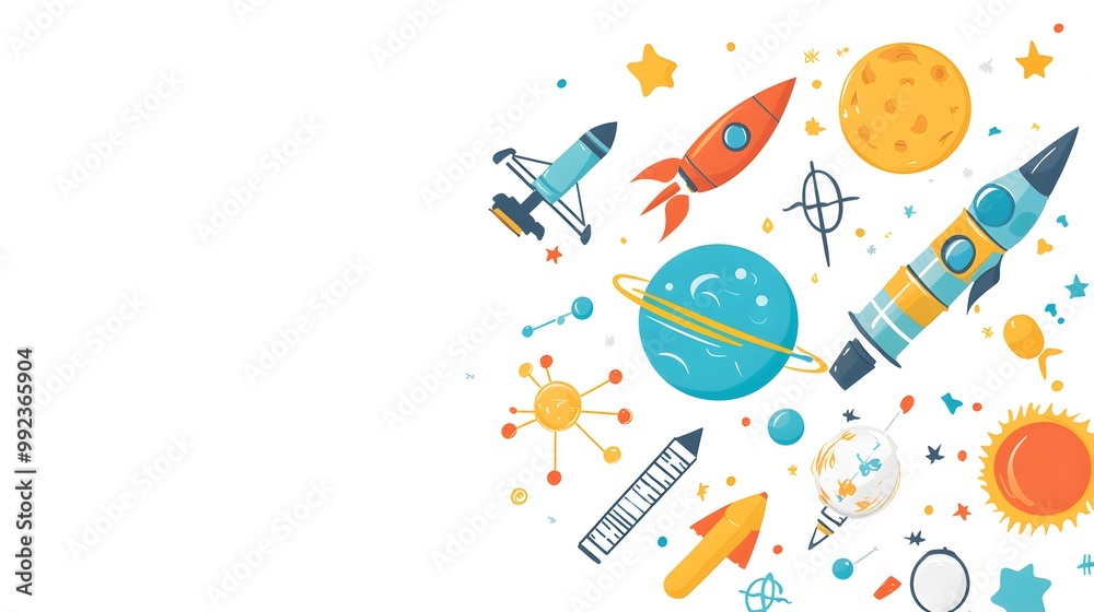Fototapeta premium Colorful Cartoon Space Illustration with Rockets, Planets, and Stars