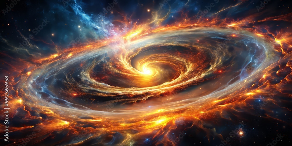 Fototapeta premium Intricate, swirling patterns of gas and dust, illuminated by the quasar's fiery core, evoking a sense of dynamic, cosmic movement and energy.