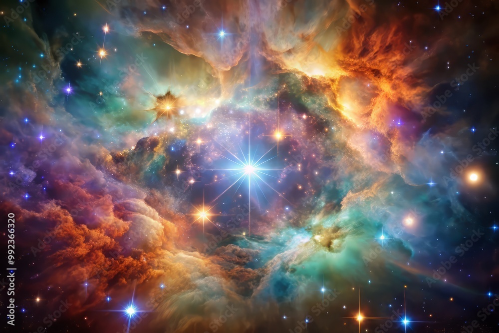 A mesmerizing view of a star-forming region, with a vast expanse of iridescent gas and dust glowing with a kaleidoscope of colors A mesmerizing view of a star-forming region, with a vast expanse of iridescent gas and dust glowing with a kaleidoscope of colors