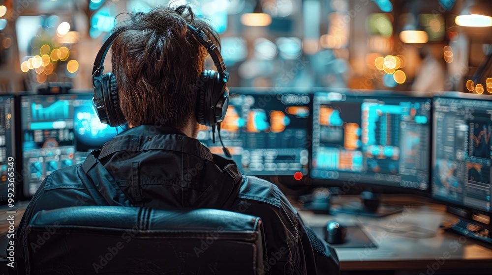 A police officer wearing headphones working on computer at the station with multiple screens A police officer wearing headphones working on computer at the station with multiple screens