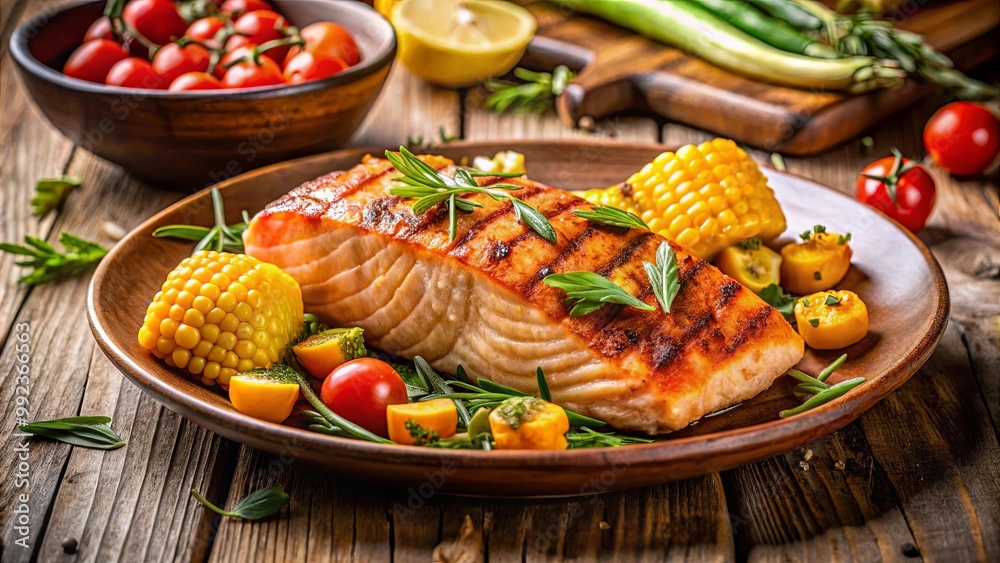 Grilled salmon with corn on the cob, cherry tomatoes, and herbs on a wooden plate Grilled salmon with corn on the cob, cherry tomatoes, and herbs on a wooden plate
