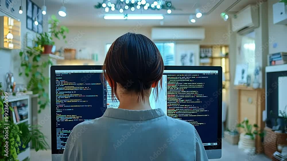 Back view of a woman coding on a computer in a modern office space.