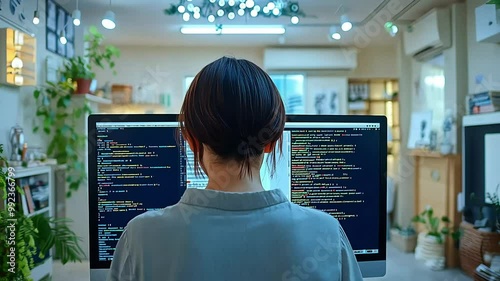 Back view of a woman coding on a computer in a modern office space.