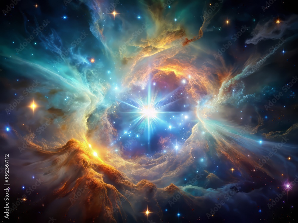 Fototapeta premium Glowing, iridescent depiction of a nebula, pulsing with new star life, amidst a vast, starry expanse, capturing the dynamic beauty of cosmic birth.