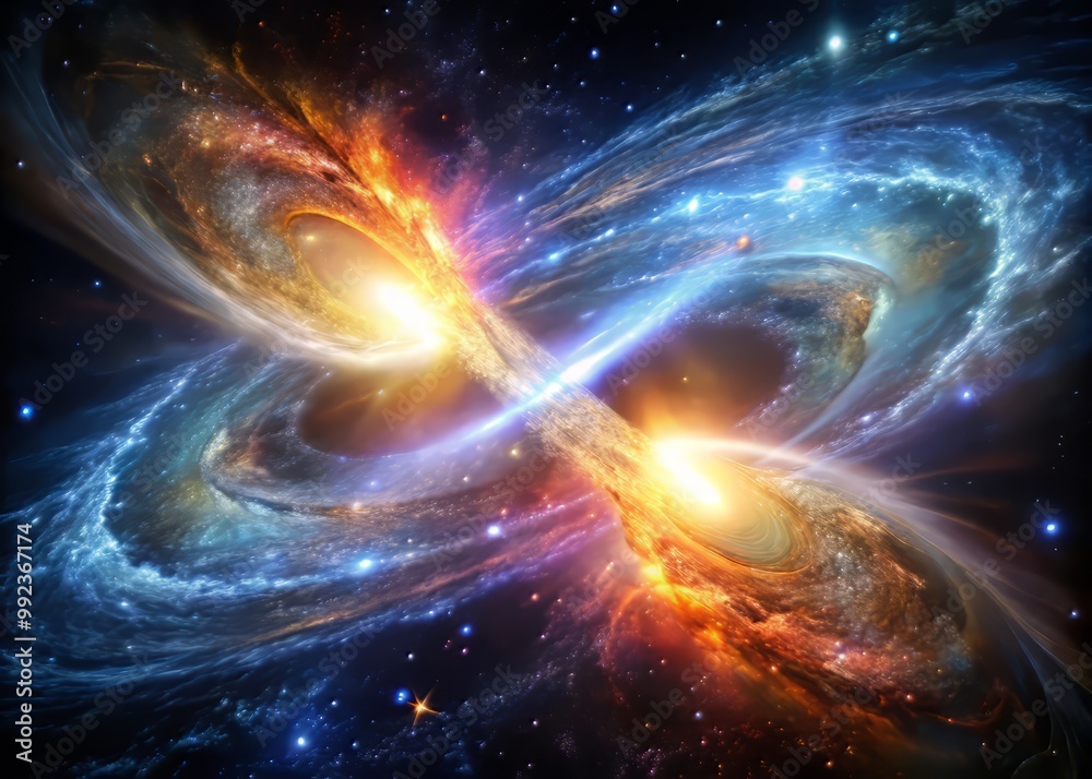 Obraz premium Spectacular merger of two quasars, unleashing a torrent of newly formed stars and cosmic debris