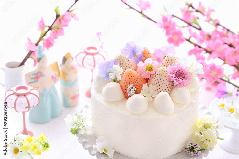 かわいいおひな祭り　淡雪いちごとパールホワイトいちごとお花のケーキ