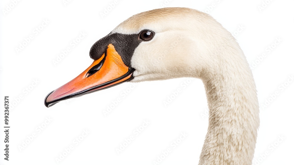 Obraz premium Close-Up Profile of a Graceful Swan with Orange Beak on a White Background - Perfect for Nature and Wildlife Themes