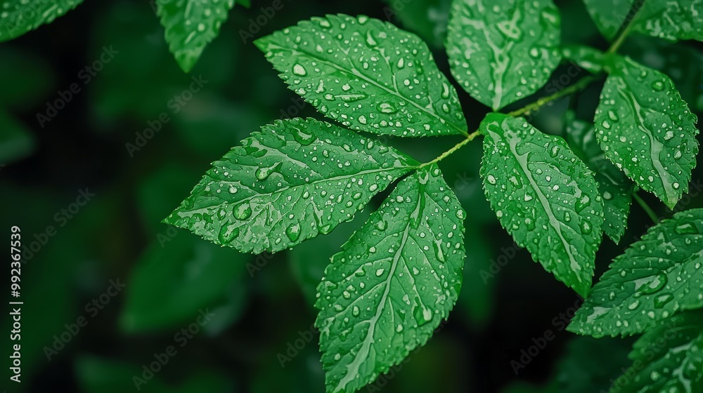 Close-Up of Fresh Green Leaves with Water Droplets in a Lush Natural Setting Close-Up of Fresh Green Leaves with Water Droplets in a Lush Natural Setting