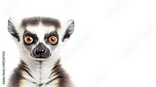 Close-up Portrait of a Ring-tailed Lemur with Wide Eyes on a White Background