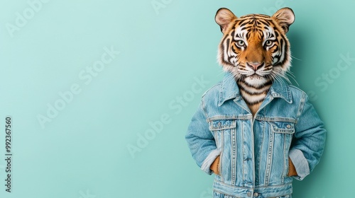 Stylish Tiger Wearing Denim Jacket on Pastel Background - Trendy Animal Fashion Concept