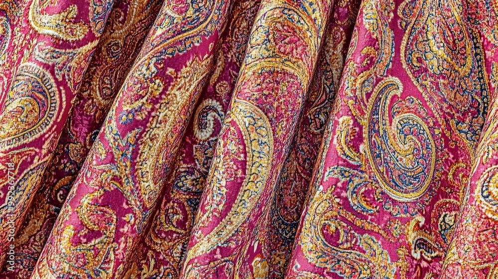 A close-up shot of a patterned fabric with paisley designs in shades of pink, gold, and blue. A close-up shot of a patterned fabric with paisley designs in shades of pink, gold, and blue.