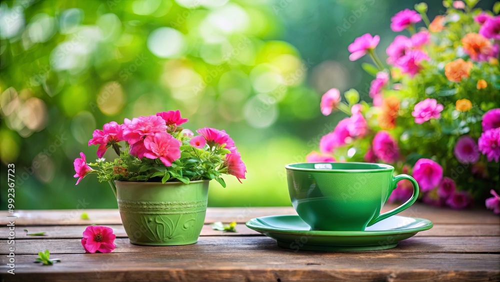 A Green Teacup and Saucer Rest on a Wooden Table Surrounded by Blooming Pink Flowers and a Vibrant Green Background A Green Teacup and Saucer Rest on a Wooden Table Surrounded by Blooming Pink Flowers and a Vibrant Green Background