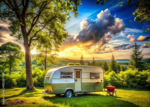 Charming Vintage Tent Camper Nestled in a Scenic Outdoor Landscape Under Blue Skies and Green Trees