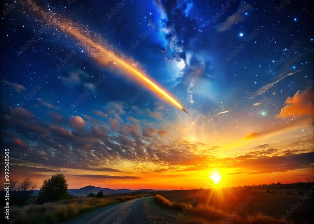 A radiant celestial body streaks across a deep blue sky, leaving a trail of glittering stardust in its wake, with vibrant hues of orange and yellow illuminating the surrounding clouds. A radiant celestial body streaks across a deep blue sky, leaving a trail of glittering stardust in its wake, with vibrant hues of orange and yellow illuminating the surrounding clouds.