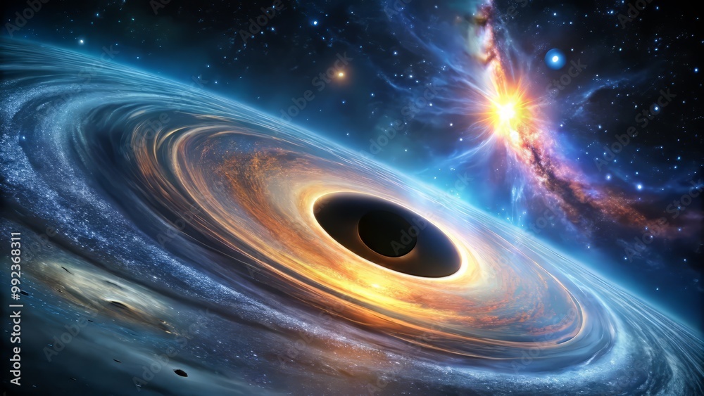In the vast emptiness of interstellar space, the gravitational influence of a distant black hole subtly alters the trajectory of a lone spacecraft