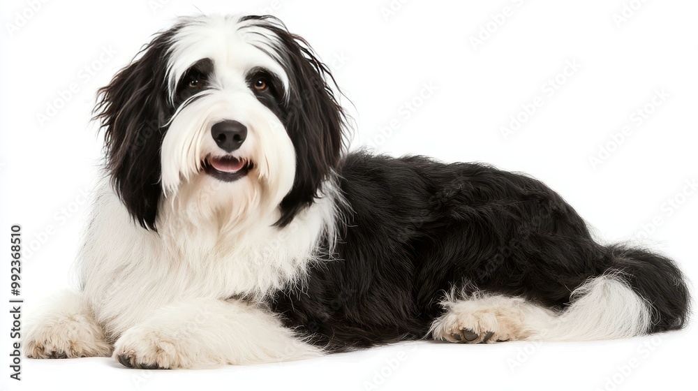 Adorable Black and White Dog Lying Down on White Background - Perfect Pet Portrait for Stock Photography Adorable Black and White Dog Lying Down on White Background - Perfect Pet Portrait for Stock Photography