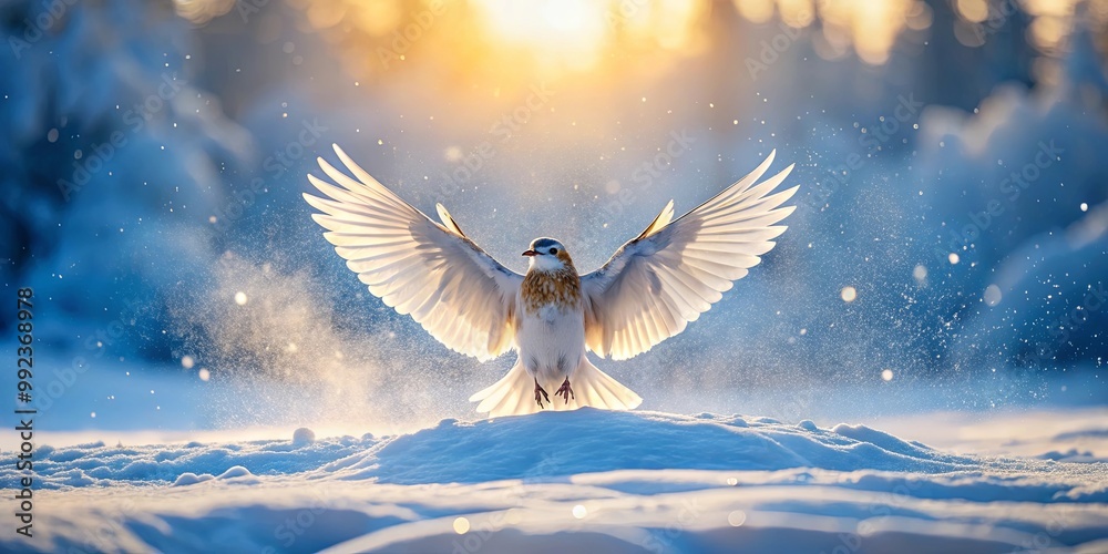 Obraz premium A white bird with its wings spread wide soars through the air as snow falls around it, backlit by the warm glow of the setting sun.