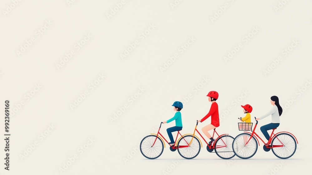 Obraz premium Happy Middle Class Family Riding Bicycles Together in a Minimalist Illustration
