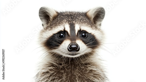 Close-Up Portrait of a Cute Raccoon on White Background with Detailed Fur and Expressive Eyes