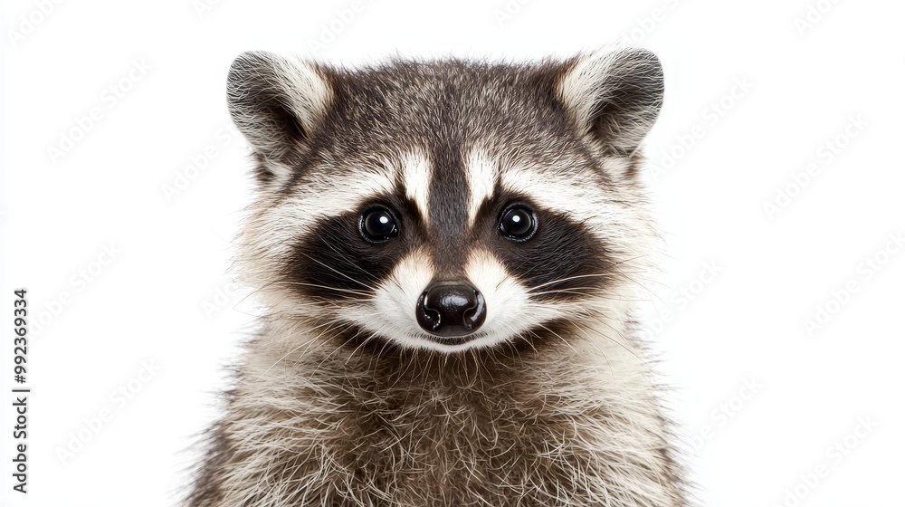 Close-Up Portrait of a Cute Raccoon on a White Background with Detailed Fur and Expressive Eyes