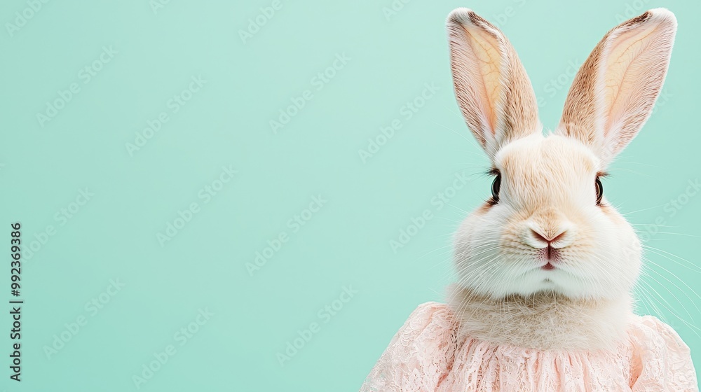 Obraz premium Cute Rabbit Wearing Pink Dress on Pastel Green Background - Adorable Animal Fashion Concept