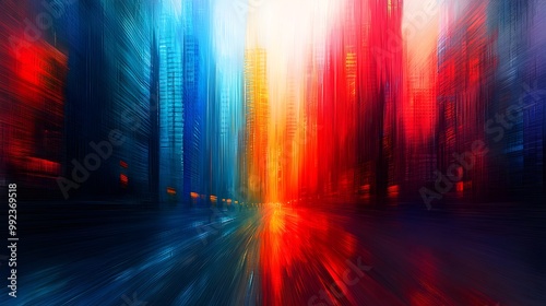 An abstract cityscape with tall, sleek buildings blending into vibrant, swirling colors. The colors shift from bold reds to soft blues, merging into the skyline, representing the flow of creativity 