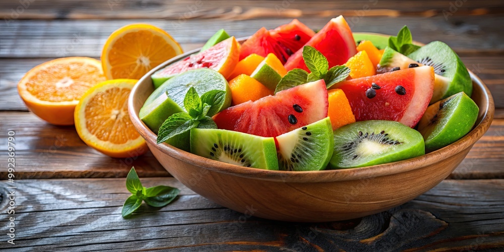A Fresh Fruit Salad with Slices of Watermelon, Kiwi, and Orange in a Wooden Bowl on a Rustic Table A Fresh Fruit Salad with Slices of Watermelon, Kiwi, and Orange in a Wooden Bowl on a Rustic Table