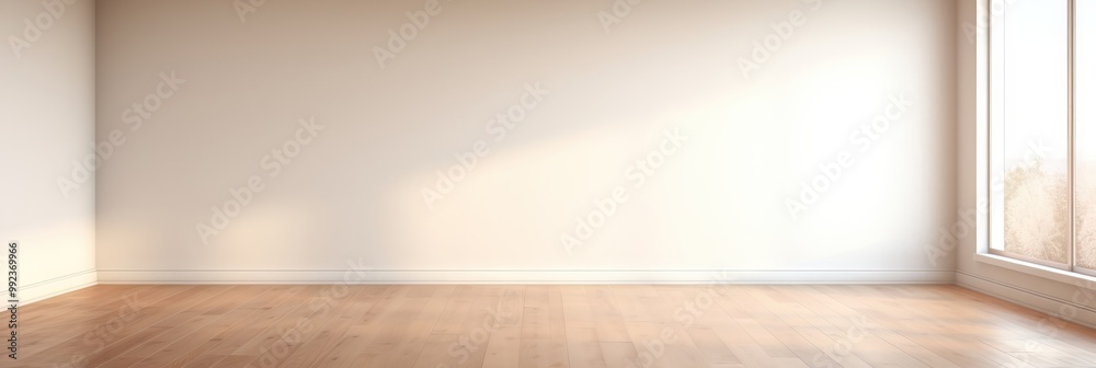 Empty white room with white wall, wooden floor and big window. Studio or office blank space. Empty template for modern interior product. Background for branding design showcase with copy space