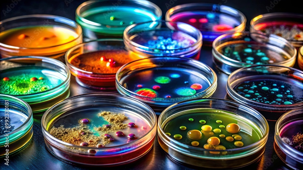 A vibrant collection of petri dishes showcasing diverse microbial cultures, each exhibiting unique patterns and colors, reflecting the beauty and complexity of microscopic life. A vibrant collection of petri dishes showcasing diverse microbial cultures, each exhibiting unique patterns and colors, reflecting the beauty and complexity of microscopic life.