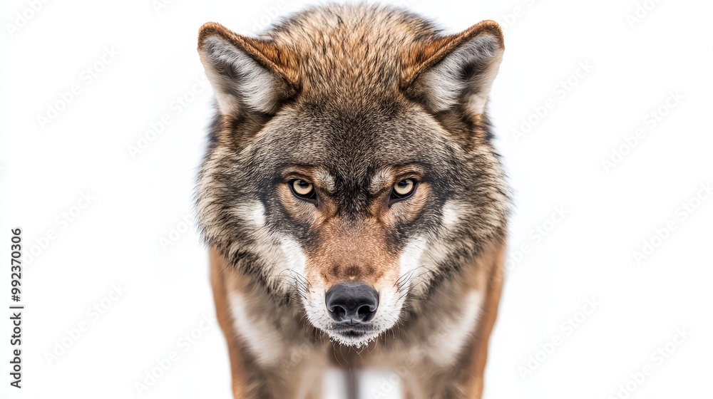 Majestic Wolf Staring Intently on White Background - High-Resolution Wildlife Photography for Stock Use Majestic Wolf Staring Intently on White Background - High-Resolution Wildlife Photography for Stock Use