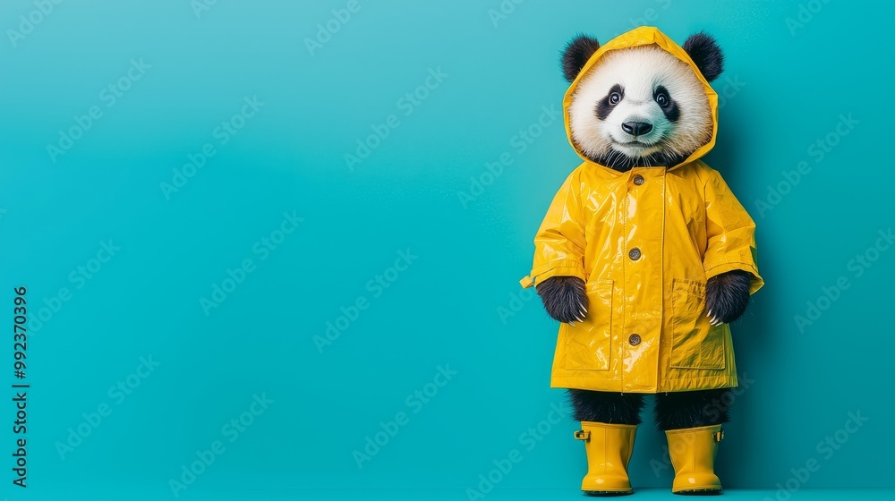 Adorable Panda in Yellow Raincoat and Boots on Pastel Blue Background - Cute Animal Fashion Concept