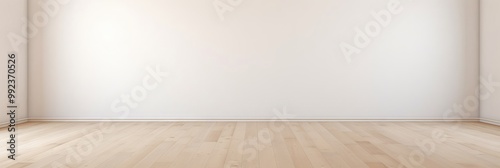 Empty white room with white wall and brown wooden floor. Studio or office blank space. Empty template for interior product. Minimalistic style. Background for branding design showcase with copy space