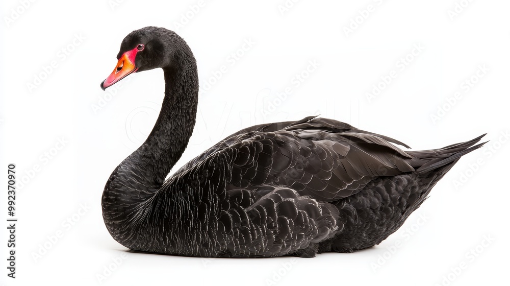 Fototapeta premium Graceful Black Swan on White Background - Elegant Bird with Red Beak and Detailed Feathers