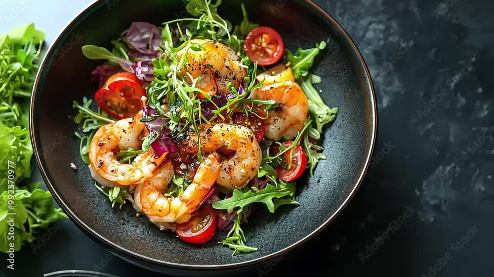 Close-up of a delicious salad with shrimp, cherry tomatoes, and arugula on a black plate. Close-up of a delicious salad with shrimp, cherry tomatoes, and arugula on a black plate.