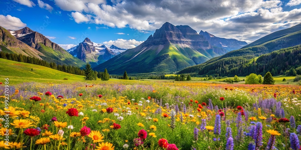 A vibrant meadow of wildflowers explodes with color against the backdrop of majestic mountain peaks, the sky a canvas of blue and white clouds. A vibrant meadow of wildflowers explodes with color against the backdrop of majestic mountain peaks, the sky a canvas of blue and white clouds.