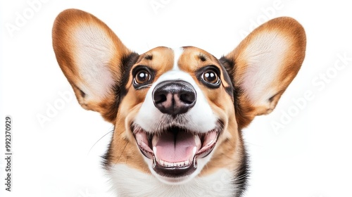 Close-Up Portrait of a Happy Corgi Dog with Big Ears on a White Background, Smiling and Looking Forward