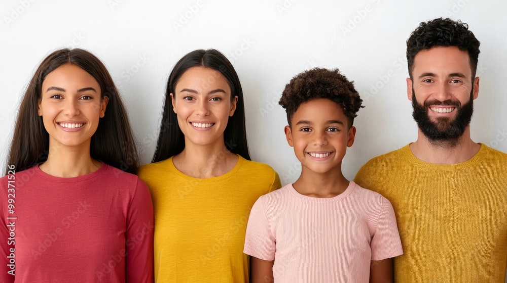 Happy Middle Class Family Portrait with Smiling Parents and Children in Casual Clothing Against White Background Happy Middle Class Family Portrait with Smiling Parents and Children in Casual Clothing Against White Background