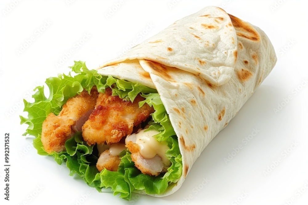 Crispy chicken wrap with lettuce, melted Mozzarella, yellow or honey sauce, tortilla wrap with chicken and vegetables isolated on white Crispy chicken wrap with lettuce, melted Mozzarella, yellow or honey sauce, tortilla wrap with chicken and vegetables isolated on white
