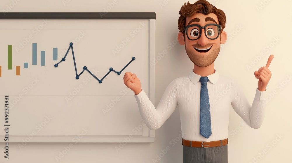 Animated Businessman Presenting Financial Growth Chart with Positive Trend in Modern Office Setting Animated Businessman Presenting Financial Growth Chart with Positive Trend in Modern Office Setting