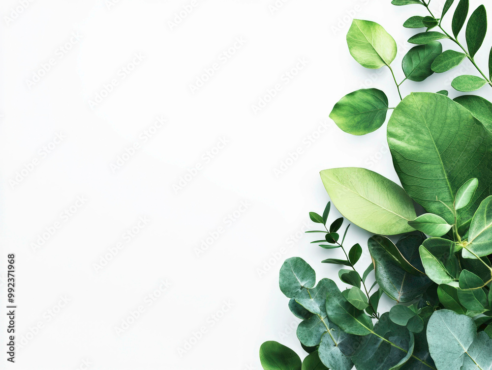 Obraz premium A beautiful arrangement of vibrant green leaves in different shapes and sizes, positioned on the right side of a clean, minimalist white background.