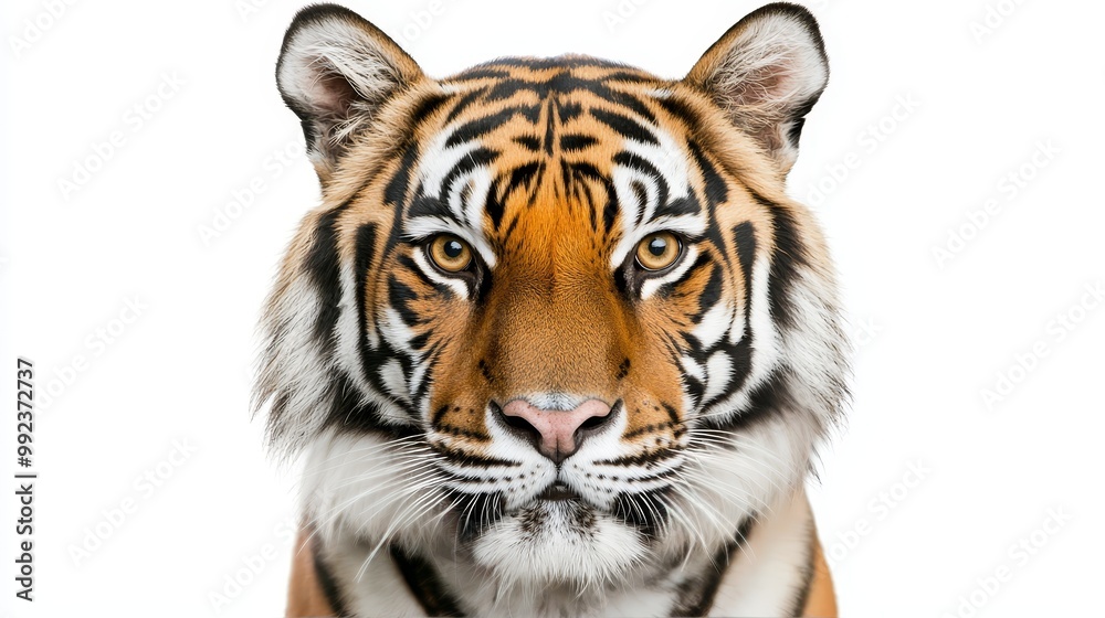 Majestic Bengal Tiger Staring Directly at Camera on White Background - High-Resolution Wildlife Photography Majestic Bengal Tiger Staring Directly at Camera on White Background - High-Resolution Wildlife Photography