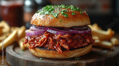 Jackfruit pulledpork sandwich served rustic wooden platter southern barbecue joint scent of smoked meat lively chatter filling air capturing essence of comfort food Scientific name Artocarpus