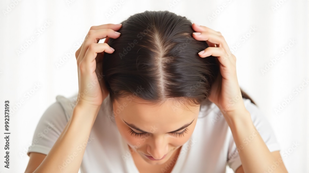 close-up, woman hands touching her hair shows starting of hair loss, for hair loss treatment ads, products, cosmetics on white background. close-up, woman hands touching her hair shows starting of hair loss, for hair loss treatment ads, products, cosmetics on white background.